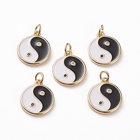 Brass Micro Pave Black & Clear Cubic Zirconia Findings Pendants, with Enamel & Jump Rings, Flat Round with Yin Yang Pattern