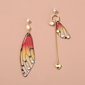 Resin Butterfly Wings and Brass Heart Dangle Stud Earrings with Imitation Pearl, Rhinestone Asymmetrical Earrings with 304 Stainless Steel Pins for Women