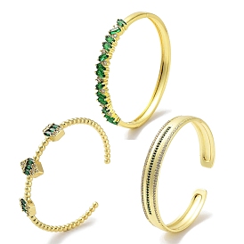 Brass Pave Clear Cubic Zirconia Open Cuff/Hinged Bangles, Green Glass Bangles for Women, Real 18K Gold Plated