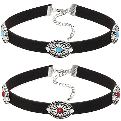 2шт. 2 цвета богемный сплав и смола имитация бирюзового овального бархатного чокера, античное серебро