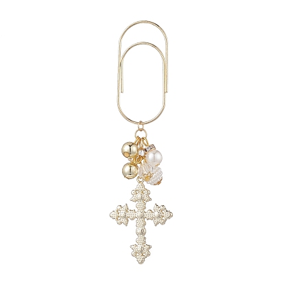 Iron Paper Clips, with Alloy Cross Pendants, Acrylic Imitation Pearl Cluster