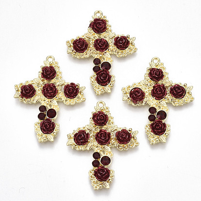 Rack Plating Alloy Pendants, with ABS Plastic and Rhinestone, Cadmium Free & Lead Free, Cross with Dark Red Rose Flower
