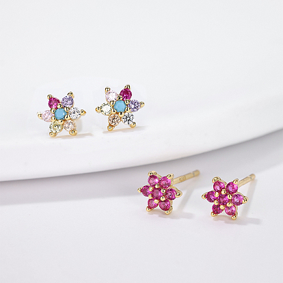 S925 Sterling Silver Cubic Zirconia Stud Earrings, Flower, Golden