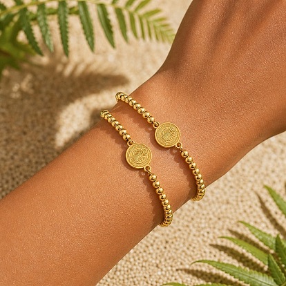 Summer Women's Adjustable 304 Stainless Steel Round Medal Box Chain Slider Bracelets with Brass Beads