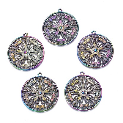 Rainbow Color Alloy Pendants, Cadmium Free & Nickel Free & Lead Free, Flat Round with Flower