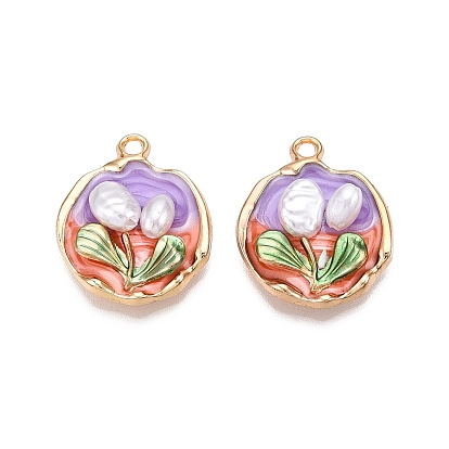 Стойки обшивки сплава эмали подвески, с ABS имитации жемчуга, без кадмия, без никеля и без свинца, золотой свет, плоская круглая с подвеской в виде цветка