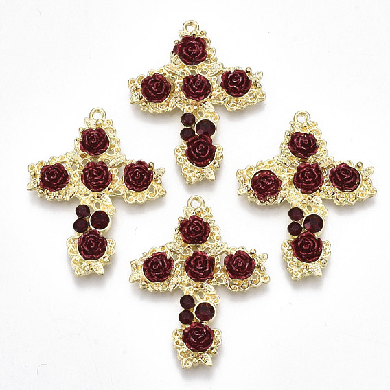 Rack Plating Alloy Pendants, with ABS Plastic and Rhinestone, Cadmium Free & Lead Free, Cross with Dark Red Rose Flower
