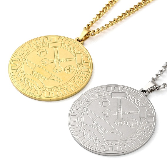 304 ожерелья с подвесками-цепочками из нержавеющей стали, плоский круглый с рисунком инструментов