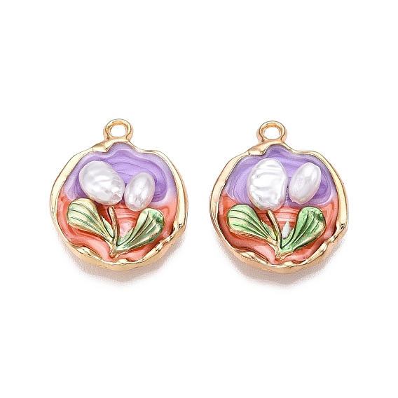 Стойки обшивки сплава эмали подвески, с ABS имитации жемчуга, без кадмия, без никеля и без свинца, золотой свет, плоская круглая с подвеской в виде цветка