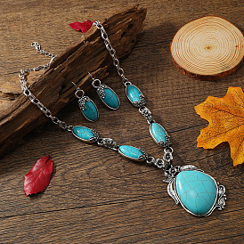 Комплекты из ожерелий и серег из богемной синтетической бирюзы для женщин, сплав ювелирных изделий, конский глаз и слеза