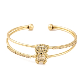 Brass Micro Pave Clear Cubic Zirconia 2-Strand Bear Open Cuff Bangles for Women