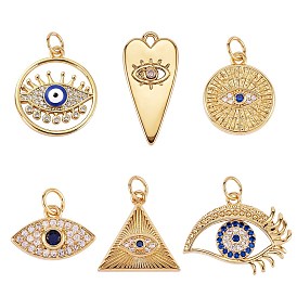 6Pcs 6 Style Brass Micro Pave Cubic Zirconia Pendants, Long-Lasting Plated, with Enamel, Cadmium Free & Lead Free, Mixed Shape