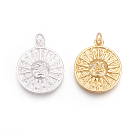 Brass Micro Pave Cubic Zirconia Pendants, Lead Free & Cadmium Free, Flat Round with Sun