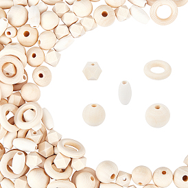Perles de bois non finies, perles en bois naturel, sans plomb, ovale, polygone facettes, ronde, anneau