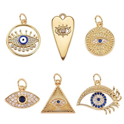 6Pcs 6 Style Brass Micro Pave Cubic Zirconia Pendants, Long-Lasting Plated, with Enamel, Cadmium Free & Lead Free, Mixed Shape