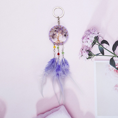 Wire Wrapped Natural Amethyst Chip Tree of Life Pendant Keychain, with Feather and Iron Key Ring