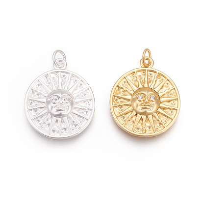 Brass Micro Pave Cubic Zirconia Pendants, Lead Free & Cadmium Free, Flat Round with Sun