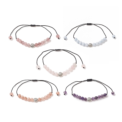 Natural Mixed Gemstone Round Braided Bead Bracelet, Alloy Vortex Adjustable Bracelet for Women