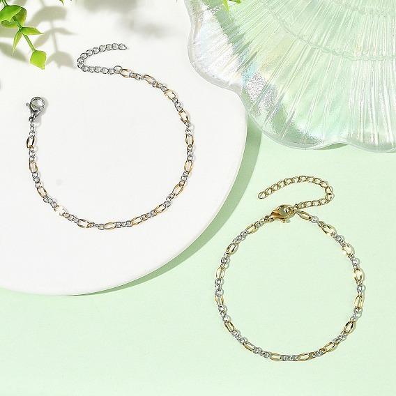 2Pcs 2 Colors 304 Stainless Steel Figaro Chains Bracelet Sets