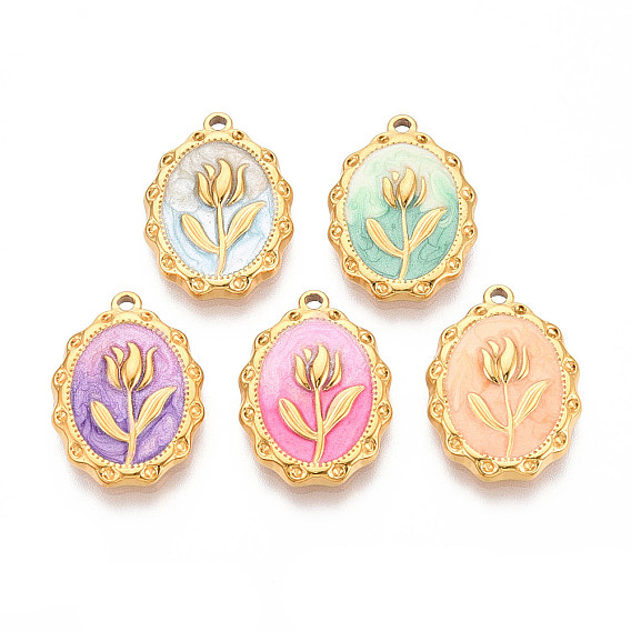 304 нержавеющей стальной эмали подвески, реальный 18 k позолоченный, овал с цветочной подвеской, ионное покрытие (ip)