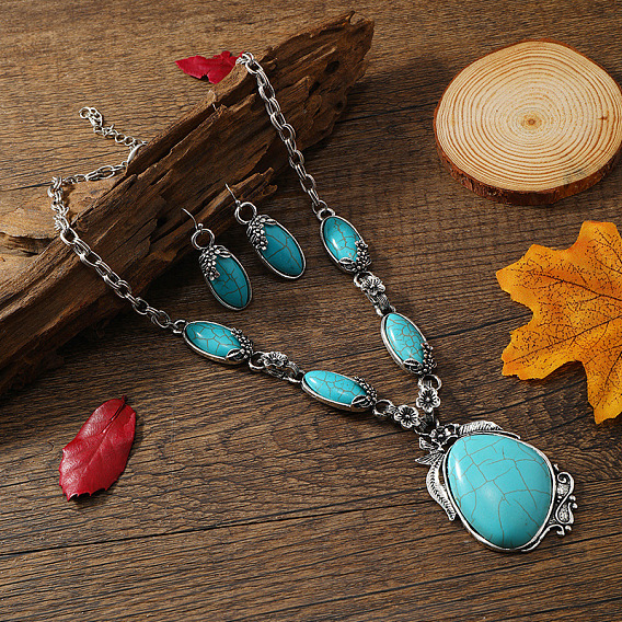 Комплекты из ожерелий и серег из богемной синтетической бирюзы для женщин, сплав ювелирных изделий, конский глаз и слеза