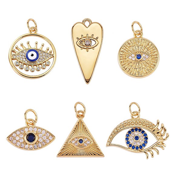 6Pcs 6 Style Brass Micro Pave Cubic Zirconia Pendants, Long-Lasting Plated, with Enamel, Cadmium Free & Lead Free, Mixed Shape