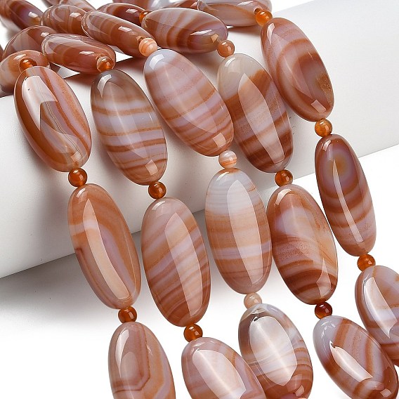 Нити бусин из натурального красного полосатого агата, Плоско-овальные, окрашенная и подогревом, с бисером