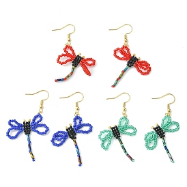 Glass Dragonfly Dangle Earrings, Golden 304 Stainless Steel Earrings