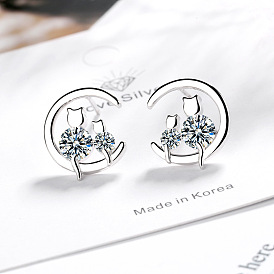 Sweet and Charming Cat Moon Earrings - Minimalist, Elegant, Single Diamond.