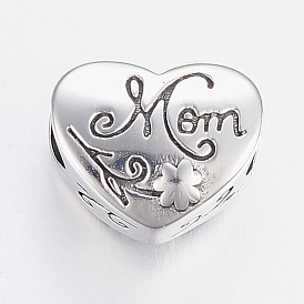 Thème de la fête des mères, 304 acier inoxydable perles européennes, Perles avec un grand trou   , coeur avec fleur et mot maman