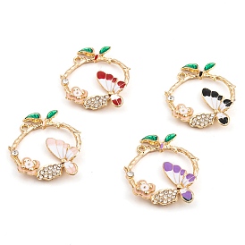 Rack Plating Alloy Enamel Pendants, with Rhinestone, Light Gold, Ring with Butterfly Charm