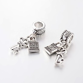 Large Hole Alloy European Dangle Charms, with Key & Lock Pendants, 28mm, Hole: 5mm
