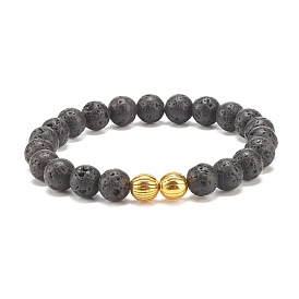 Natural Lava Rock Round Beaded Stretch Bracelet with Alloy, Essential Oil Gemstone Jewelry for Women