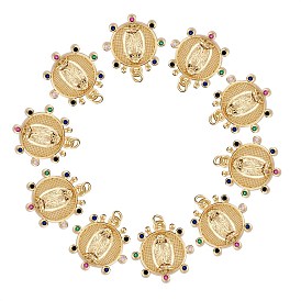 10Pcs Rack Plating Brass Micro Pave Cubic Zirconia Pendants, Real 18K Gold Plated, Long-Lasting Plated, Flat Round with Virgin Mary