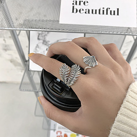 Retro personality feather ring female exaggerated ginkgo leaf ring S925 silver index finger ring tide