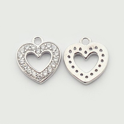 Brass Micro Pave Cubic Zirconia Heart Pendants, Cadmium Free & Nickel Free & Lead Free, 10.5x10x2mm, Hole: 1mm