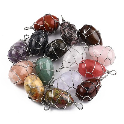 Mixed Gemstone Pendants, with Brass Wire Wrapped, Egg Shape Charm