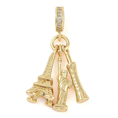 Реечное покрытие латунь микро паве кубический цирконий европейские подвески с подвесками, Подвески с большими отверстиями в виде статуи свободы и эйфелевой башни, реальный 18 k позолоченный, долговечный, без кадмия и без свинца