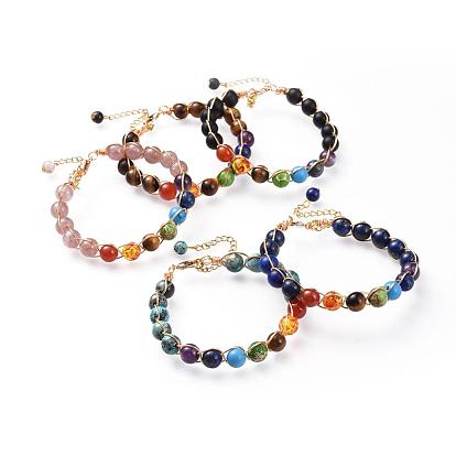 Chakra Jewelry, Natural Gemstone Bracelets, with Brass Lobster Claw Clasps and 304 Stainless Steel Twisted Chains