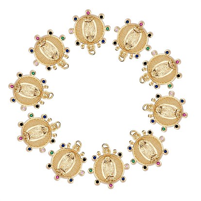 10Pcs Rack Plating Brass Micro Pave Cubic Zirconia Pendants, Real 18K Gold Plated, Long-Lasting Plated, Flat Round with Virgin Mary