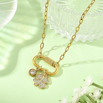 Brass Micro Pave Clear Cubic Zirconia Four Leaf Clover Pendant 304 Stainless Steel Paperclip Chain Necklaces with Screw Clasps