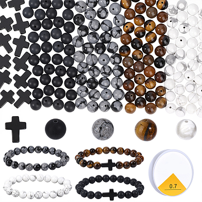 Набор для изготовления браслетов своими руками, включая натуральные бусины из тигрового глаза высшего качества, снежного агата, черного агата, хаулита и синтетической бирюзы., эластичная эластичная нить с круглыми кристаллами