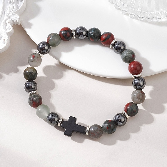 Эластичные браслеты из натурального африканского гематита, синтетической бирюзы и гематита., крестик ювелирные изделия для женщин мужчин