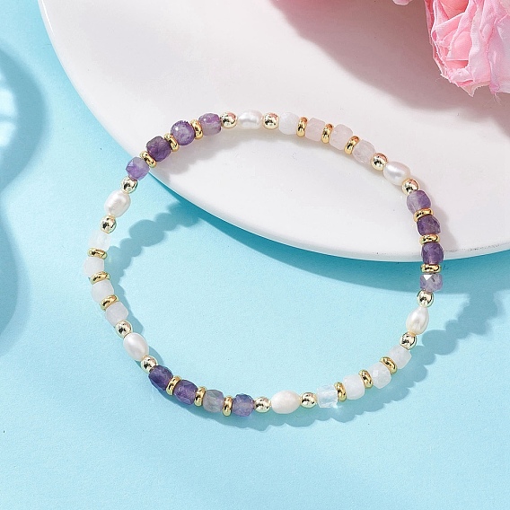 Эластичные браслеты из натуральных смешанных драгоценных камней в форме куба для женщин, с гальваническим покрытием из немагнитного синтетического гематита и бусинами из натурального культивированного пресноводного жемчуга.