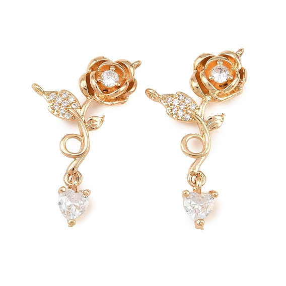 Brass Micro Pave Clear Cubic Zirconia Connector Charms, Flower & Heart Links