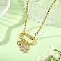 Brass Micro Pave Clear Cubic Zirconia Four Leaf Clover Pendant 304 Stainless Steel Paperclip Chain Necklaces with Screw Clasps