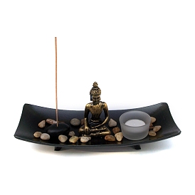 Brûle-encens en résine et bois, rectangle avec porte-encens Bouddha et bougeoir, bureau à domicile salon de thé fournitures bouddhistes zen