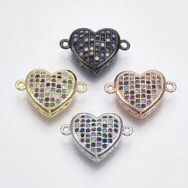 Brass Micro Pave Cubic Zirconia Links Connectors, Heart, Colorful