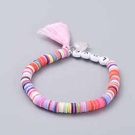 Valentinstag Thema, handgemachte Polymer Clay Perlen Armbänder, mit Buchstaben Liebe Acrylperlen, natürliche Rosenquarzperlen und Quastenanhänger aus Baumwollfaden