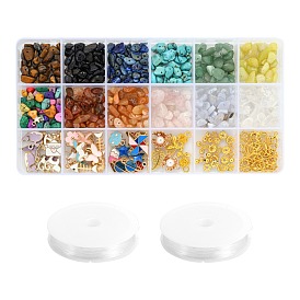 Kits de fabrication de bijoux diy, 12 couleurs perles de pierres précieuses, 44 pendentifs en alliage coeur et papillon et étoile, 30pcs perles en laiton, découvertes en laiton et en fer, Fermoir mousqueton, fermoirs de homard en alliage de zinc , Fil cristal, fil élastique